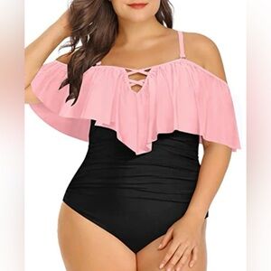 NWT Daci Blush Pink/Black Tummy Control Ruffle Off Shoulder Swimsuit Women’s 20W